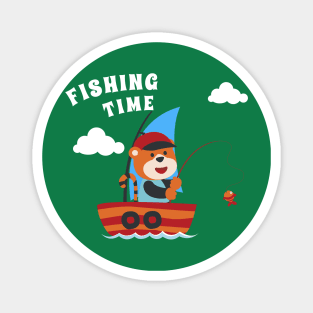 Vector cartoon illustration of cute tiger fishing on sailboat with cartoon style. Magnet